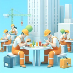 3d illustration of Workers taking lunch break on site