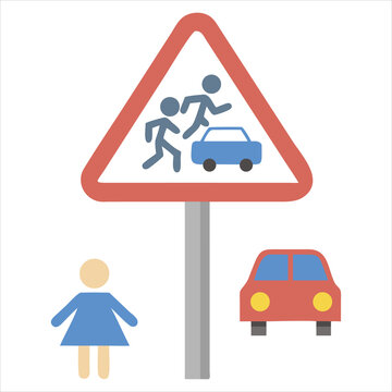 Children Walking with Backpacks Inside Triangular Warning Frame and Speed Indicator

