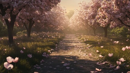 Pathway through cherry blossom trees during golden hour showcases natural beauty and tranquility in a serene environment