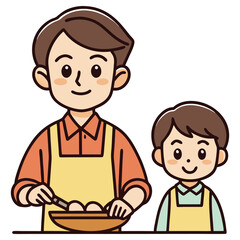 Father mixing dough with son, cartoon on transparent background