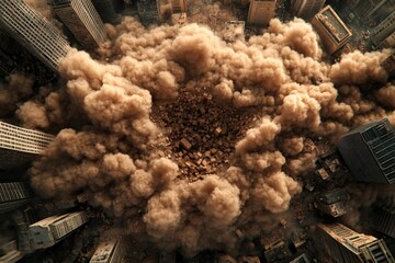 A dramatic aerial view showing a large dust cloud engulfing a cityscape, creating a chaotic and apocalyptic atmosphere.
