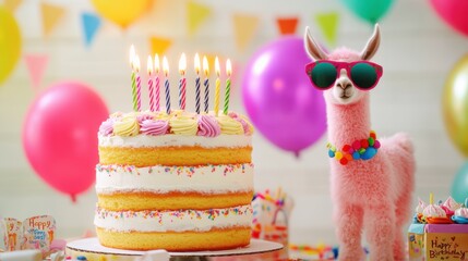 Colorful birthday celebration with a cake, balloons, and a playful llama at a festive party