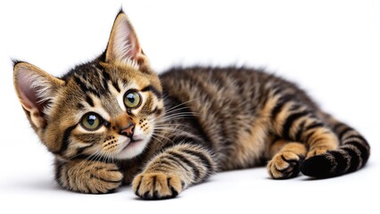 Cute Tabby Kitten Lying Down Looking Directly at Camera Isolated