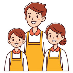 Cartoon Family Group with Orange Aprons on White Background in Outline Style
