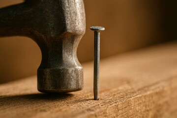 Close-Up of Hammer Preparing to Strike Metal Nail on Wood