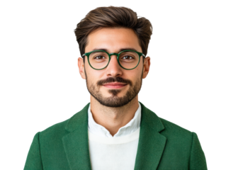 Confident man in green blazer with glasses posing for portrait on a transparent background, cut out