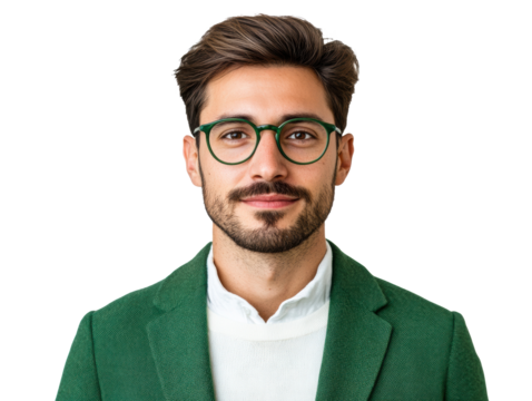 Confident man in green blazer with glasses posing for portrait on a transparent background, cut out - Powered by Adobe