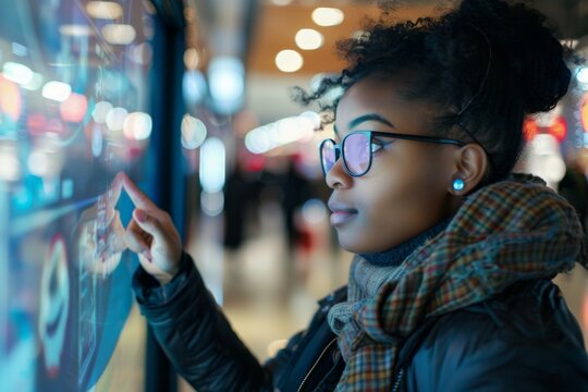 Black woman in glasses engaged with touch screen kiosk at contemporary shopping mal