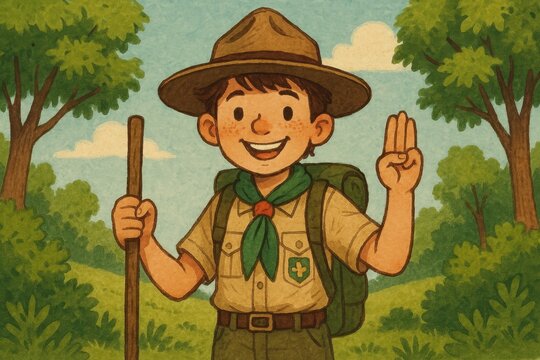Happy Scout Boy with Stick in Nature Landscape for Adventure Theme