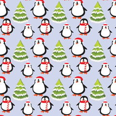 Ice-Skating Penguins Seamless Vector Pattern Design