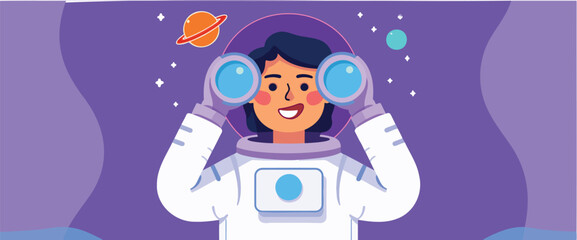 smiling female astronaut uses binoculars to explore space