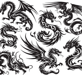 Tribal Dragon Tattoo Vector Illustration – Black Stylized Mythical Beast Design

