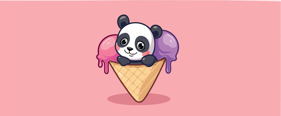 adorable panda enjoying a double scoop ice cream cone