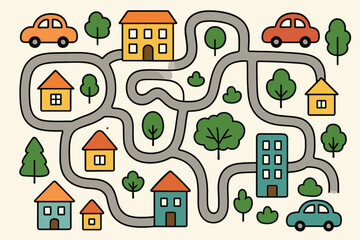 Fototapeta premium Colorful city map maze with cars and buildings for children's education and play