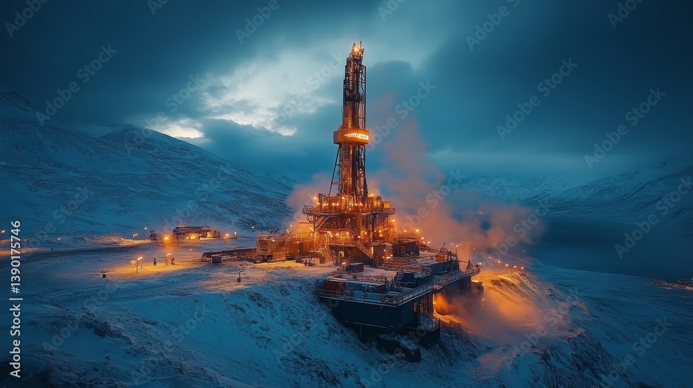 Leinwandbilder In a remote, icy setting, a drilling rig is illuminated against a dusky sky, working to extract valuable minerals while steam and light fill the surrounding area during the evening hours.