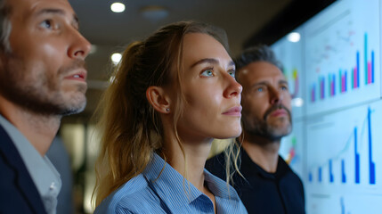 Diverse team analyzing data visualizations displayed on a modern digital screen