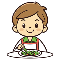 Cartoon Young Boy in Apron With Salad on Plate, Isolated on White Background