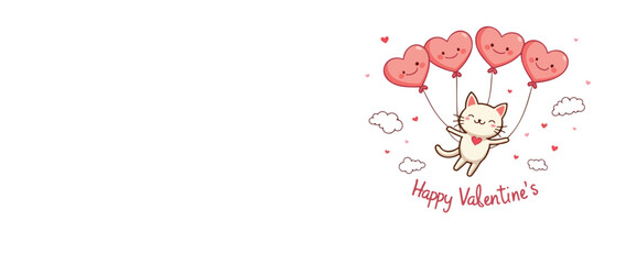 cute cat ascending with heart-shaped balloons
