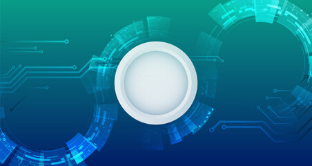 Obraz premium Wide Blue background with various technological elements. Abstract circle technology communication, vector illustration. Futuristic design for presentation. Hi-tech computer digital technology concept