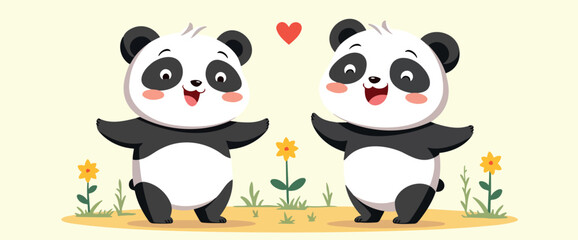two cheerful panda bears in a whimsical