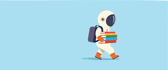 Obraz premium cartoon astronaut carries colorful books suggesting a journey of education and exploration.