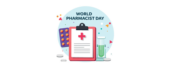 colorful celebrating world pharmacist day with medical supplies and notes