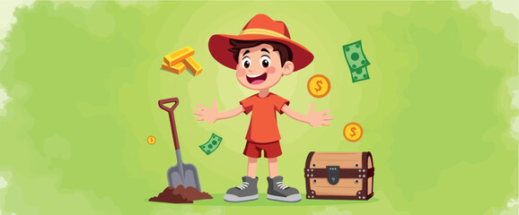 joyful cartoon boy displaying gold coins and money
