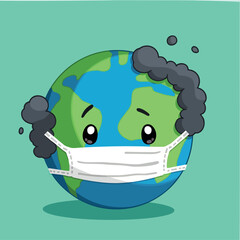 cartoon earth wearing a mask surrounded by pollution clouds