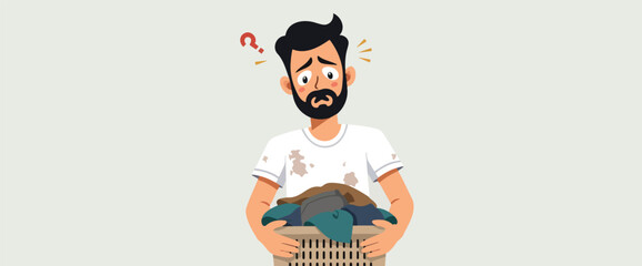 bearded man looks doubtful while holding a laundry basket full of dirty clothes