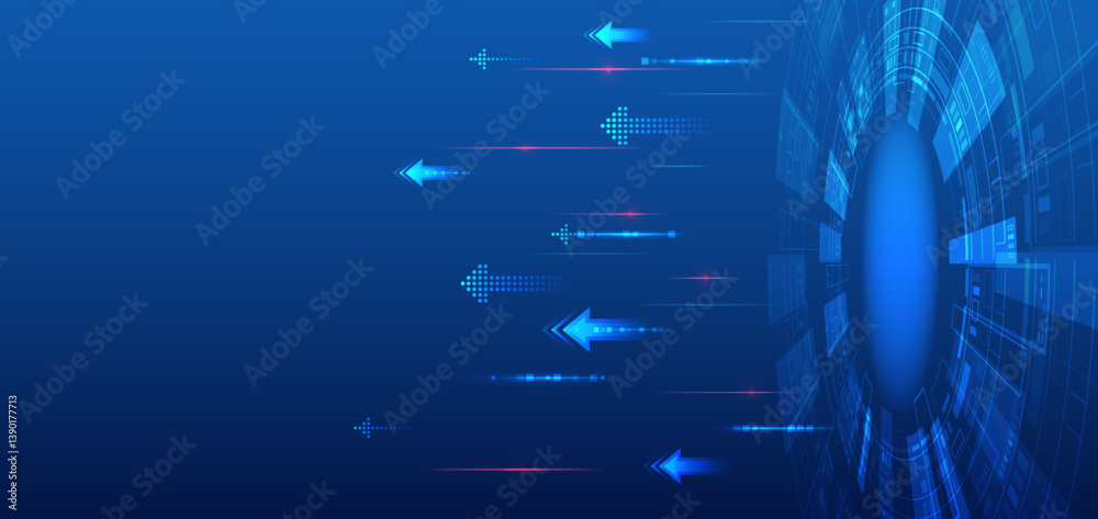 Poster Digital internet communication on blue background. Wide Cyber security internet and networking concept. Hi-tech vector illustration with various technology elements. Abstract global sci fi concept.
