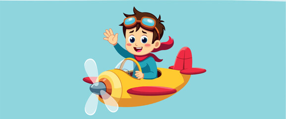 happy boy waving from his yellow toy airplane