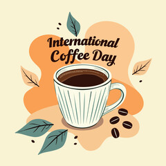 steaming cup of coffee in a ribbed mug set against a backdrop of warm-toned abstract shapes and leaves perfect for international coffee day.