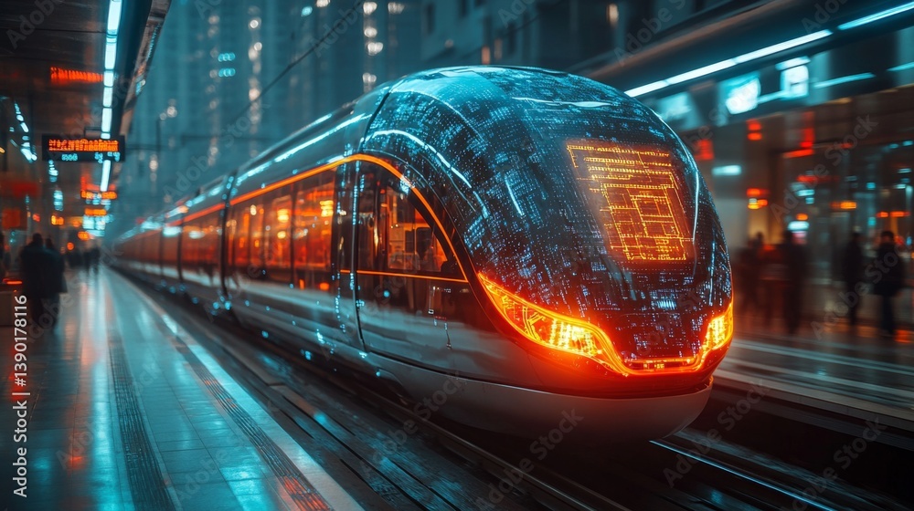 Poster A smarttrain equipped with cutting edge technology waits at a bustling urban station, demonstrating a blend of automation, AI, and advanced mobility solutions in action.