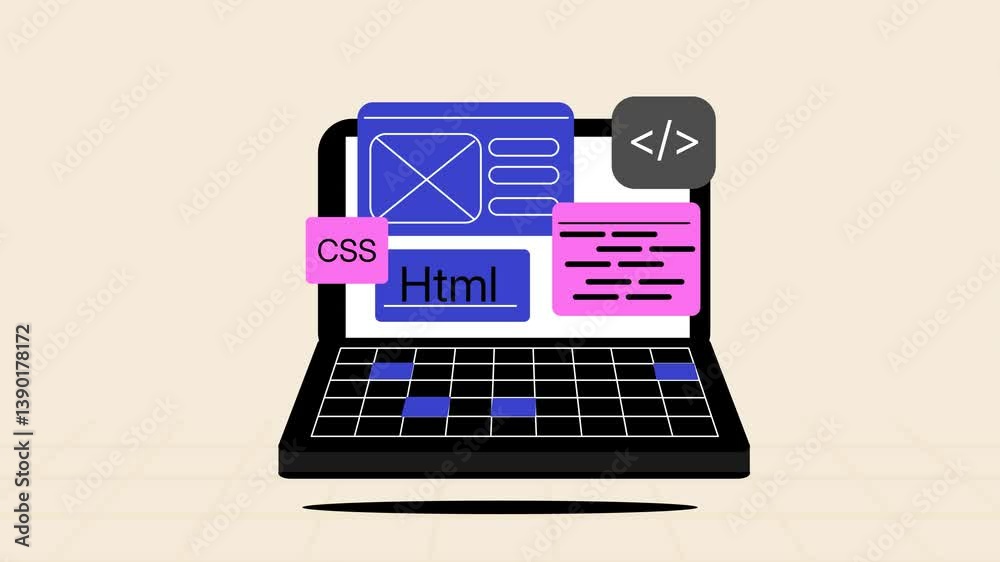 Wall mural animation of a laptop and programming languages, representing website development