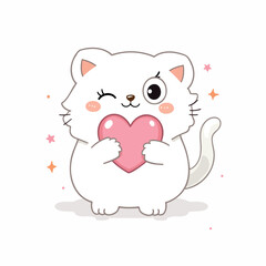 adorable white cat holding a pink heart
