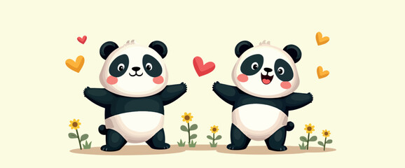 Obraz premium two adorable panda bears joyfully embrace amidst sunflowers and hearts