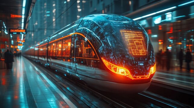 A smarttrain equipped with cutting edge technology waits at a bustling urban station, demonstrating a blend of automation, AI, and advanced mobility solutions in action.