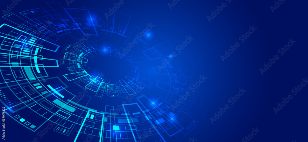 Poster Technological geometric background consisting of circles on a blue background. Internet communications, big data, digital technologies. High tech banner.