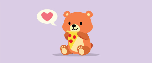 adorable cartoon bear joyfully eating a pizza slice