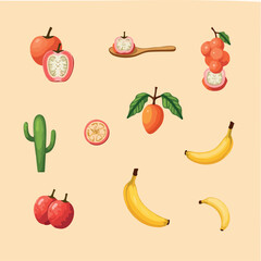 collection of tropical fruits: bananas mango acai passionfruit and cherries