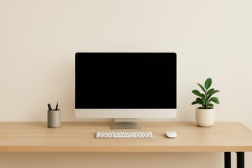 Minimalist Workspace with Computer and Green Plant on Desk