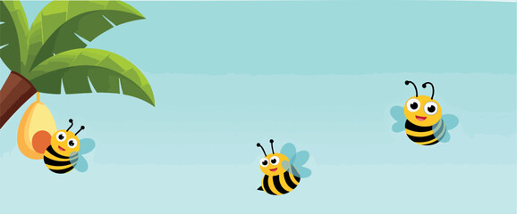 three cheerful cartoon bees near a palm tree