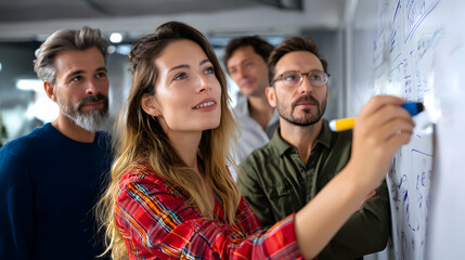 Obraz premium Collaborative brainstorming session: Team members visualizing strategies on a whiteboard