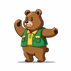 friendly brown bear wearing yellow shirt and green vest
