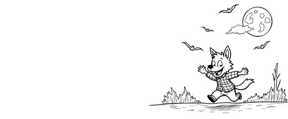 playful cartoon wolf running under a full moon