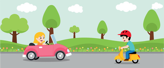 Fototapeta premium happy girl driving pink car and boy riding yellow scooter on sunny road