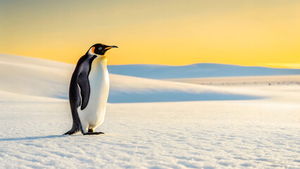 solitary penguin stands gracefully in heart of open snowy field, surrounded by serene landscape at sunset