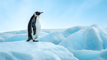 Fototapeta premium solitary penguin stands majestically on glacial terrain, surrounded by icy formations under clear blue sky, evoking sense of tranquility