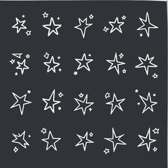 twenty hand-drawn white stars on dark background