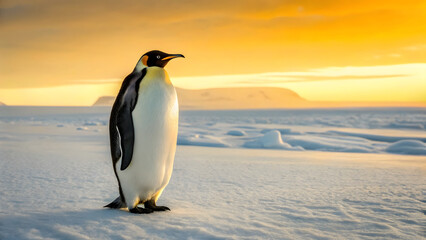 Obraz premium solitary penguin stands majestically on snowy landscape, illuminated by stunning golden sunset, evoking sense of tranquility and wonder
